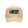 Gameday embroidered patch on a tan high-profile foam trucker hat