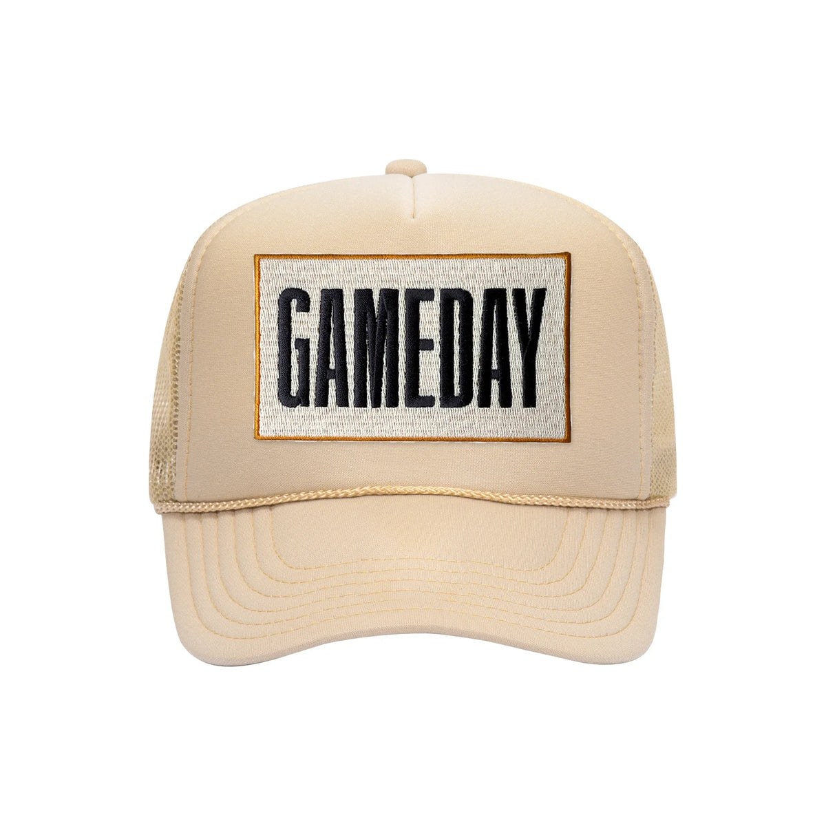 Gameday embroidered patch on a tan high-profile foam trucker hat