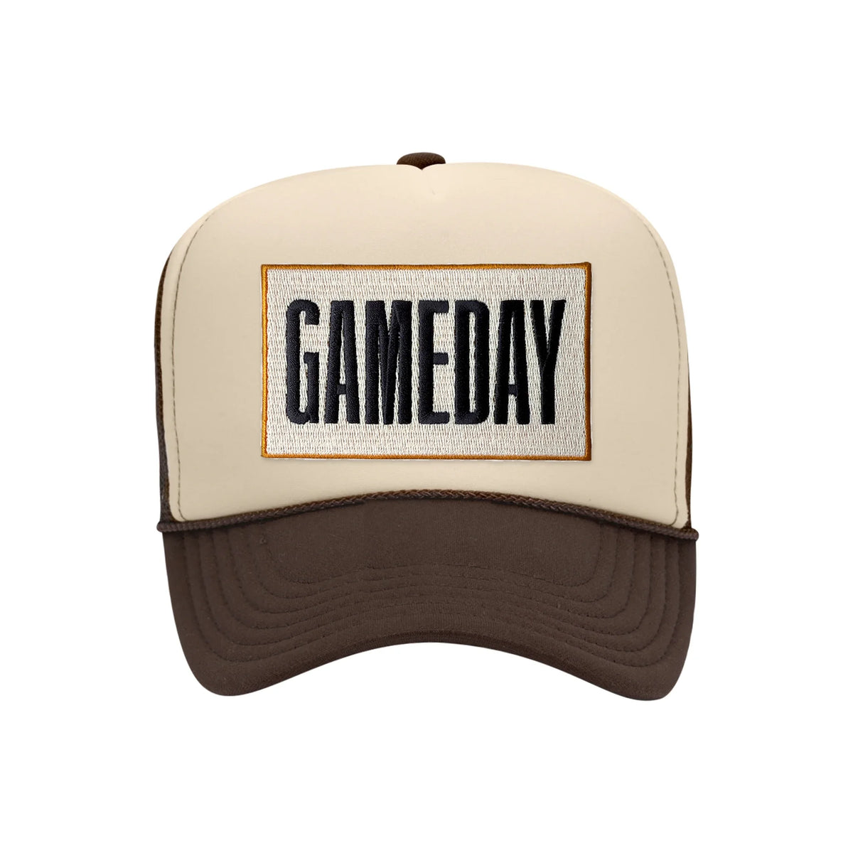 Gameday embroidered patch on a tan and brown high-profile foam trucker hat