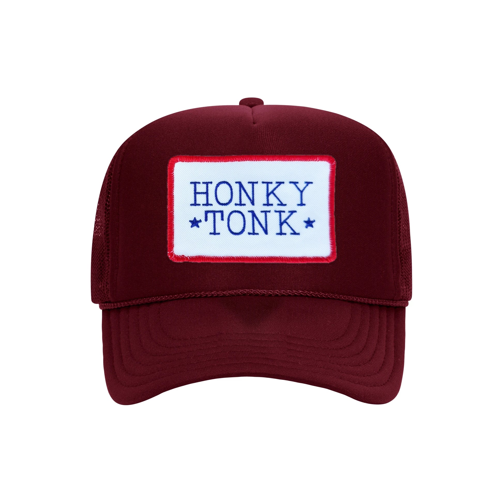 Honky Tonk trucker hat in burgundy high-profile foam, front view