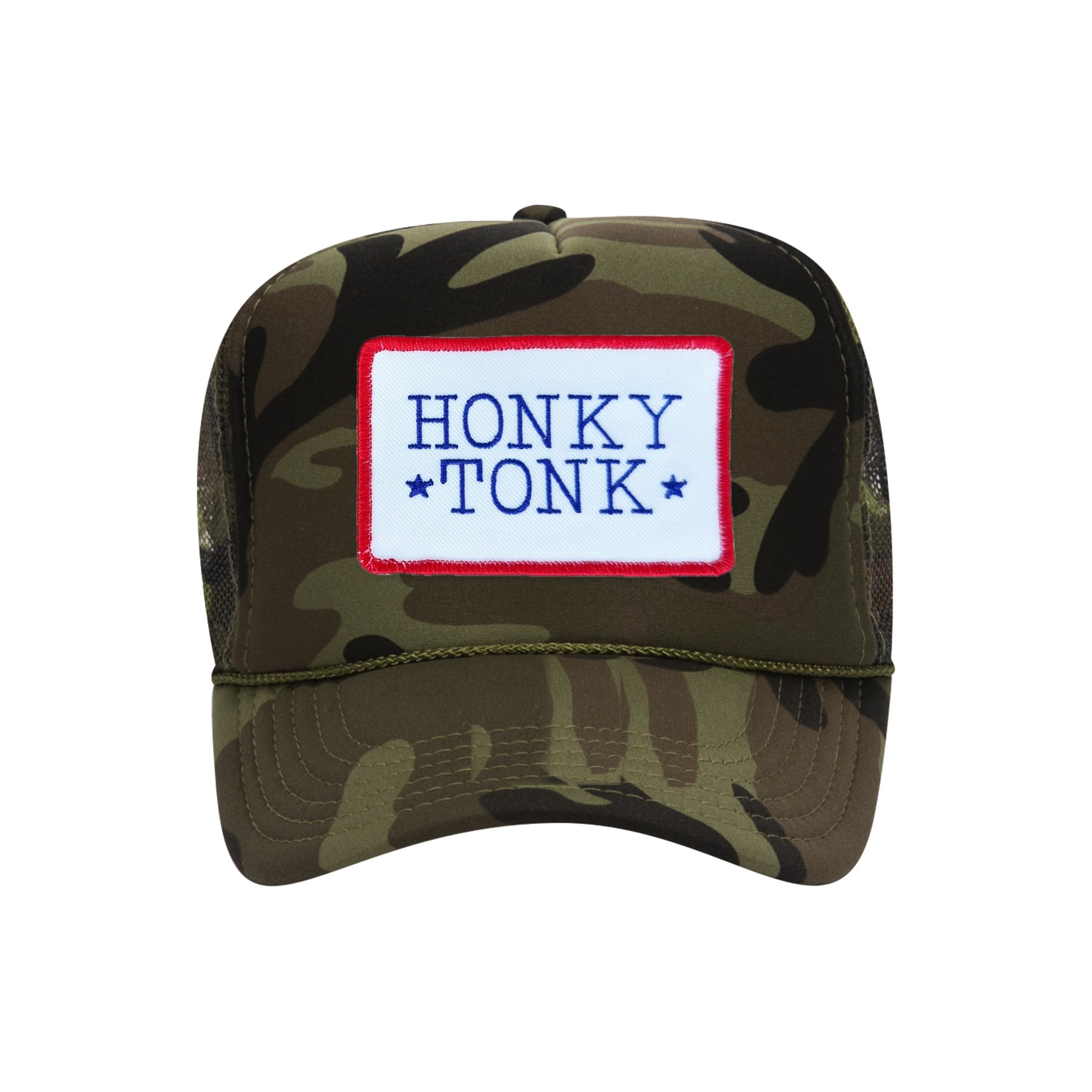 Honky Tonk trucker hat in camouflage high-profile foam, front view