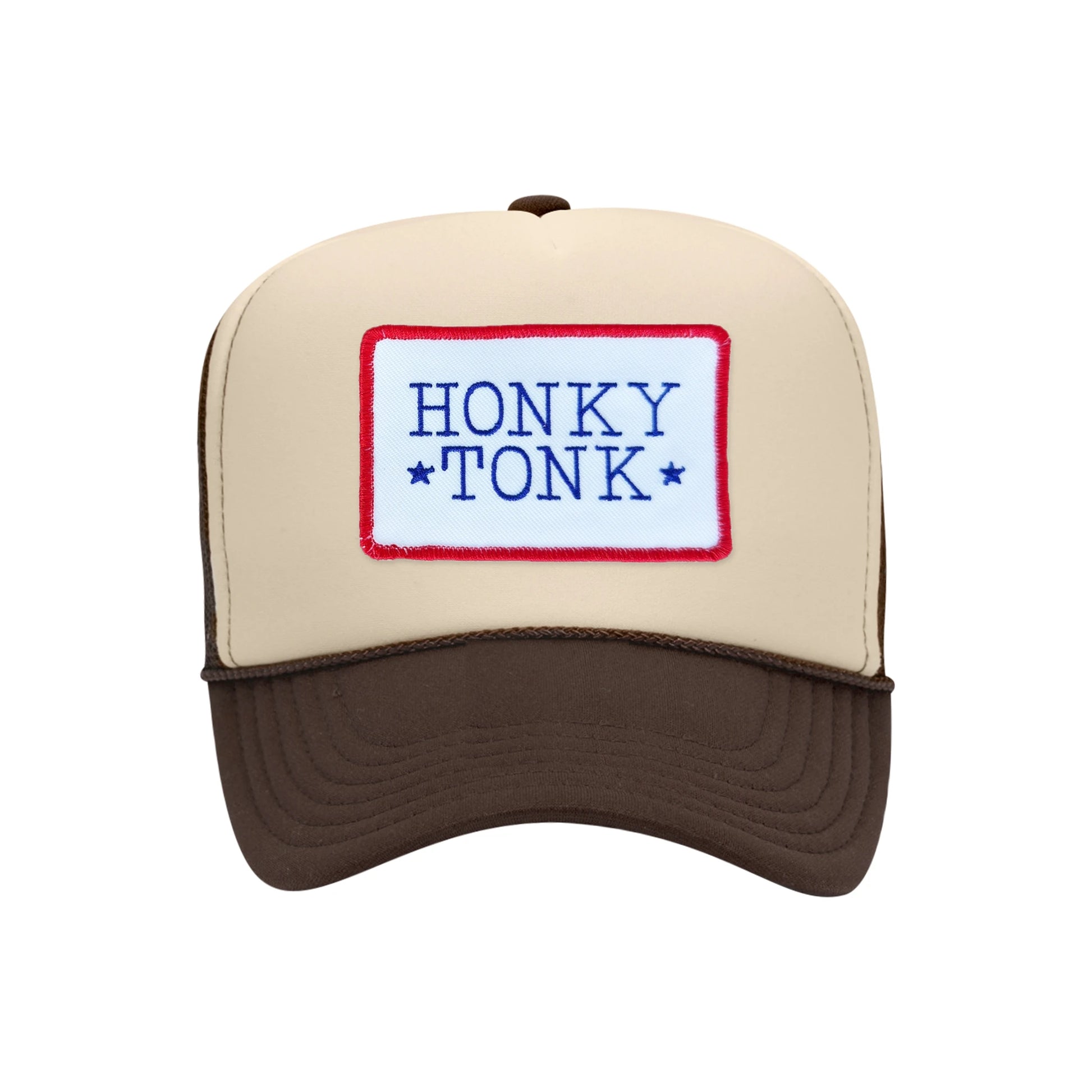 Honky Tonk trucker hat in tan and brown high-profile foam, front view