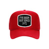 I've Been Hot Since embroidered patch on a red high-profile foam trucker hat