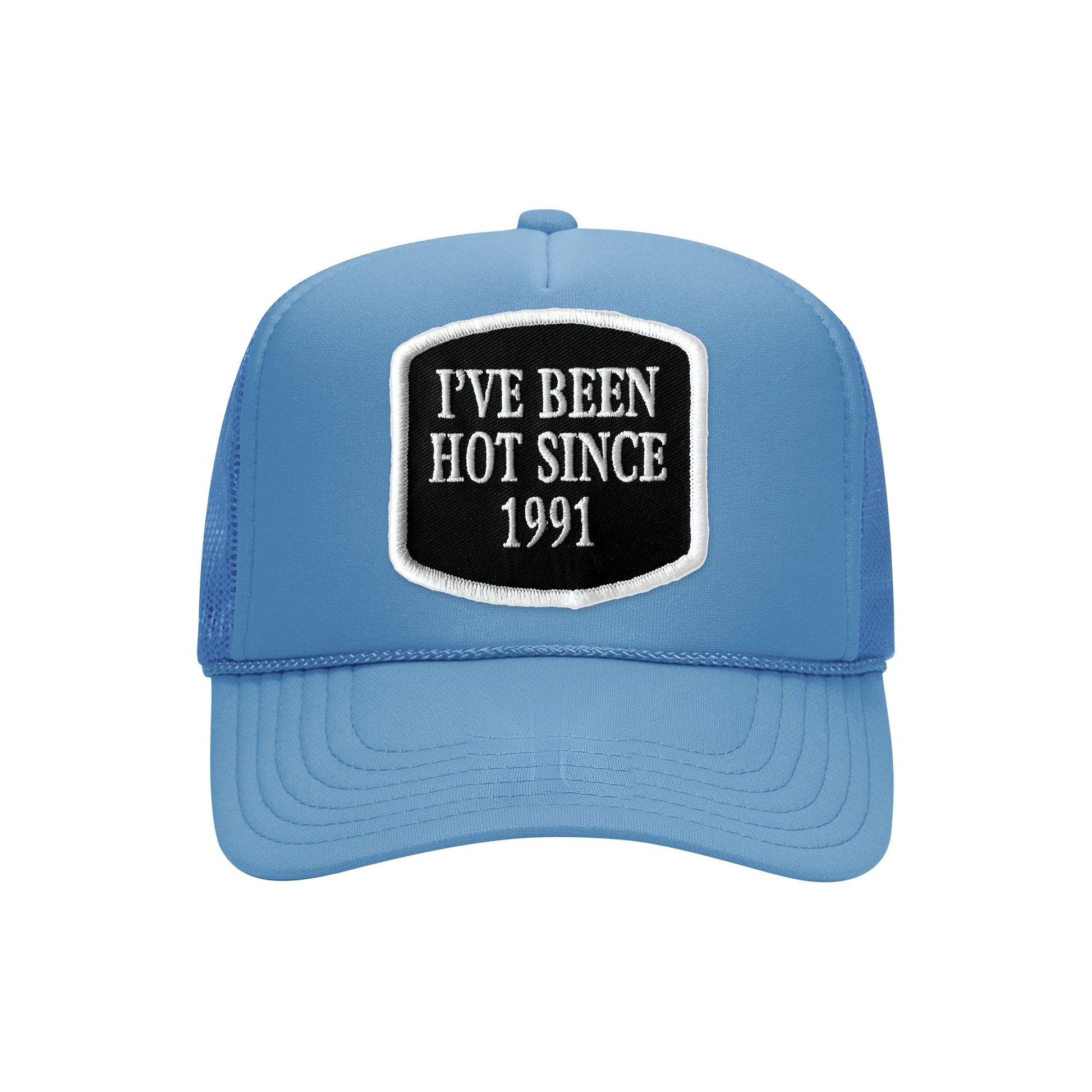 I've Been Hot Since embroidered patch on a cobalt blue high-profile foam trucker hat