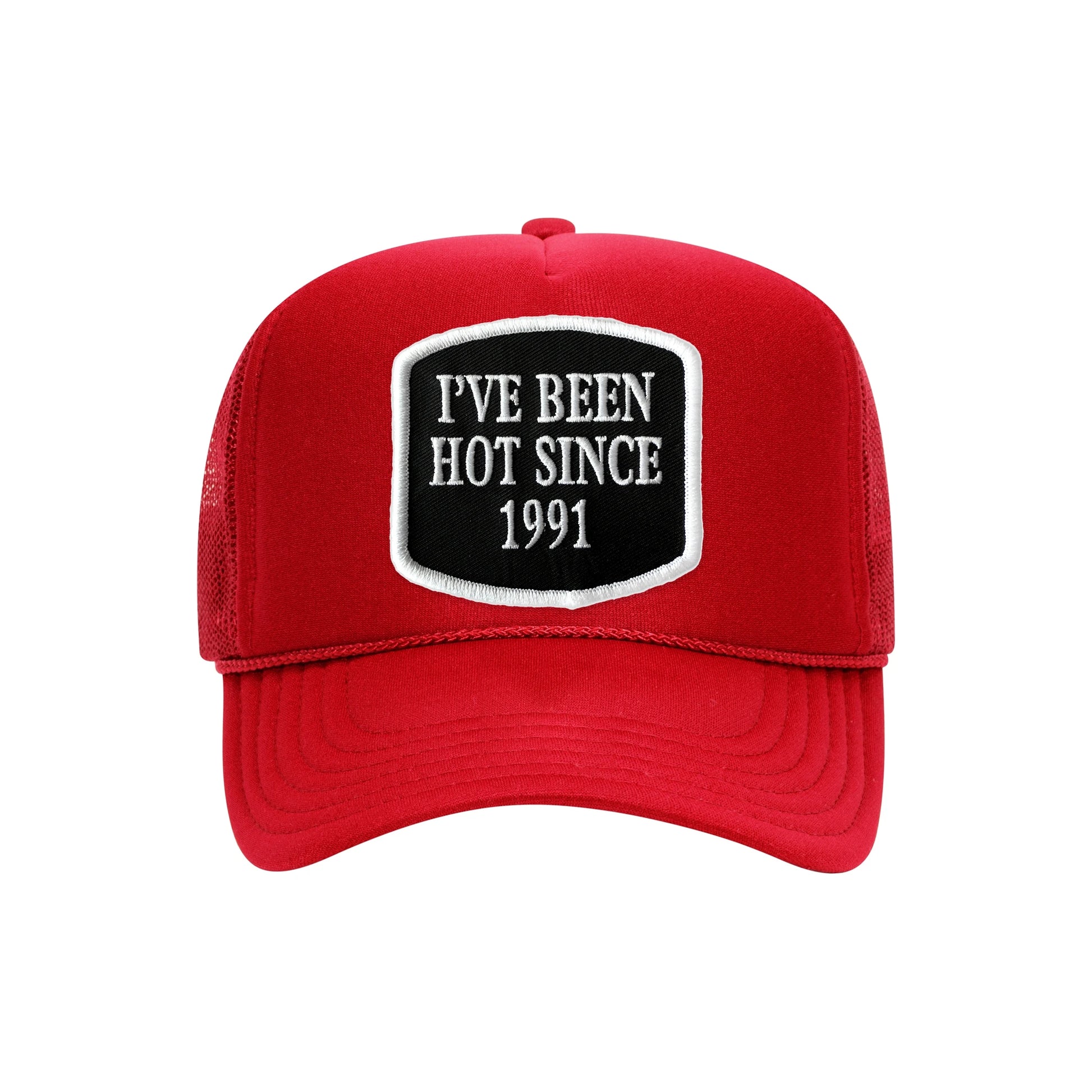 I've Been Hot Since embroidered patch on a red high-profile foam trucker hat