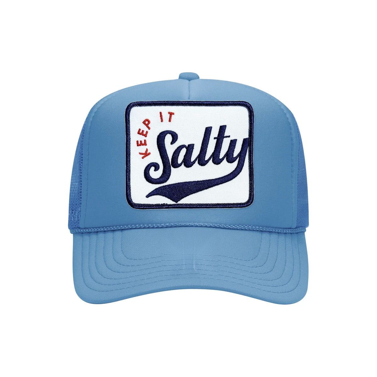 Keep It Salty embroidered trucker hat in cobalt blue, front view
