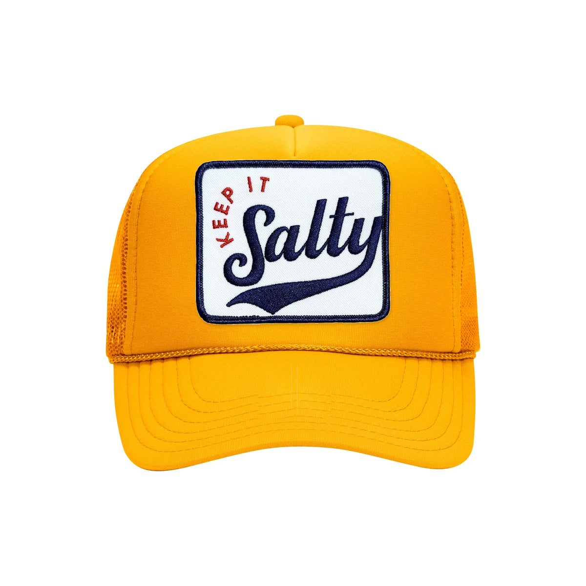 Keep It Salty embroidered trucker hat in gold, front view