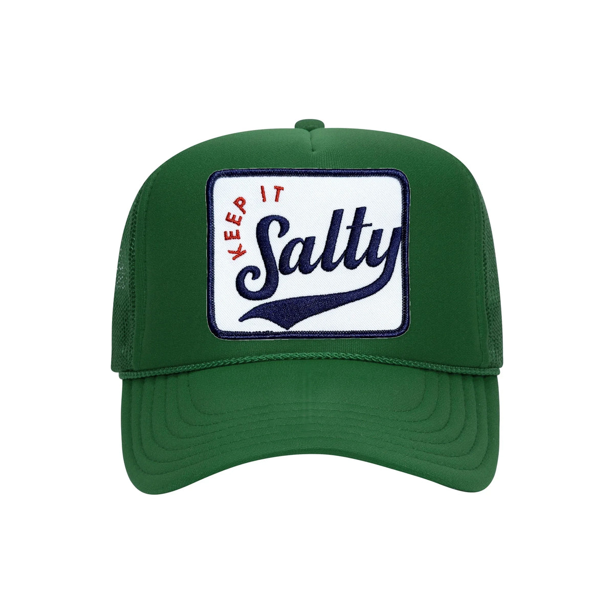 Keep It Salty embroidered trucker hat in kelly green, front view