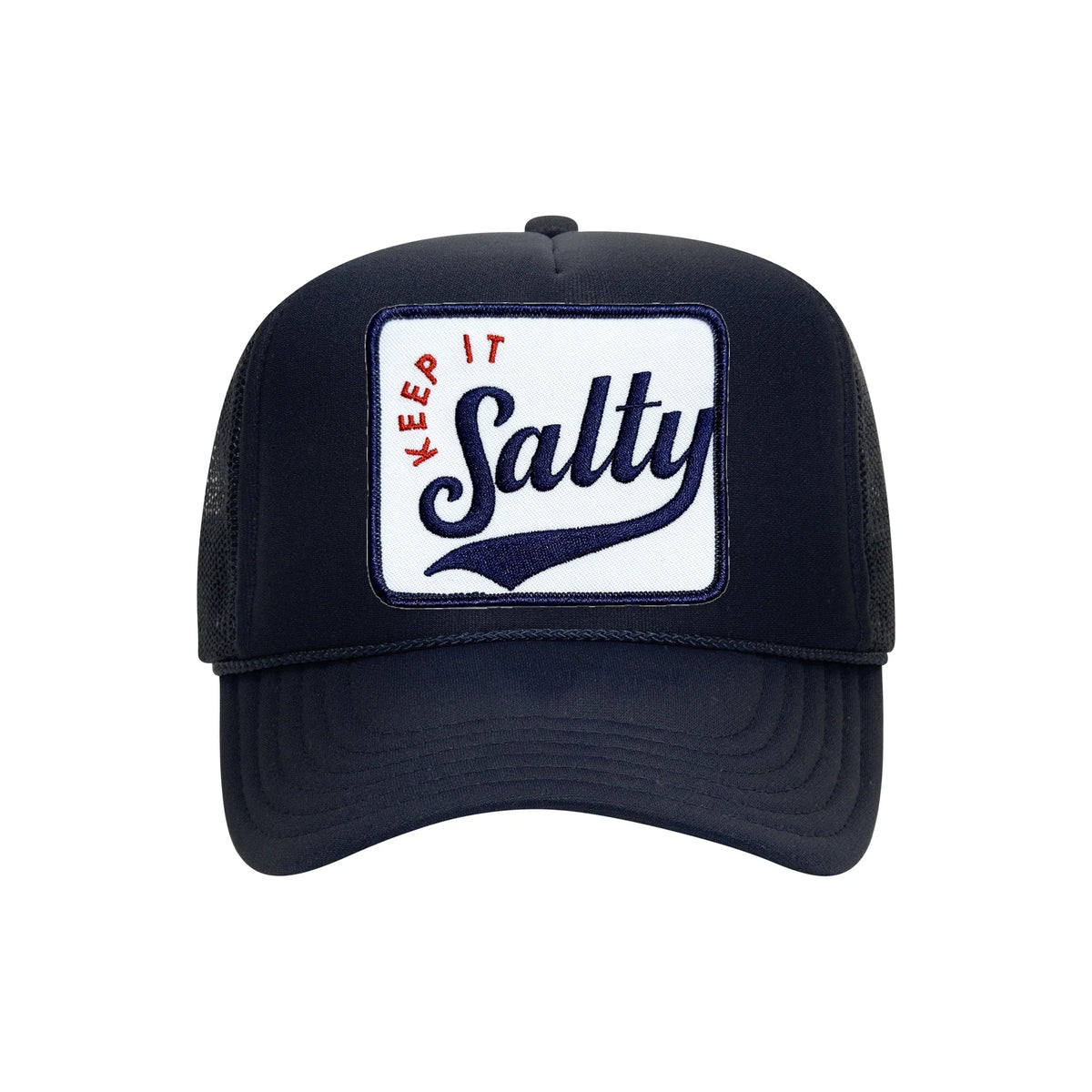 Keep It Salty embroidered trucker hat in navy, front view