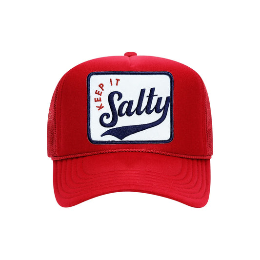 Keep It Salty embroidered trucker hat in red, front view