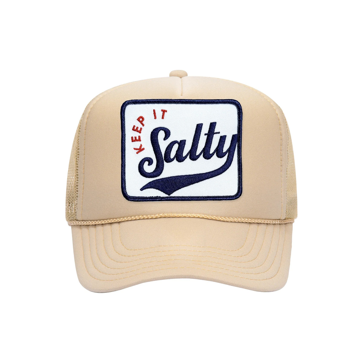 Keep It Salty embroidered trucker hat in tan, front view