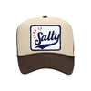 Keep It Salty embroidered trucker hat, tan crown with brown brim, front view