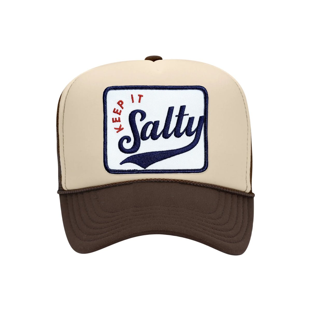 Keep It Salty embroidered trucker hat, tan crown with brown brim, front view