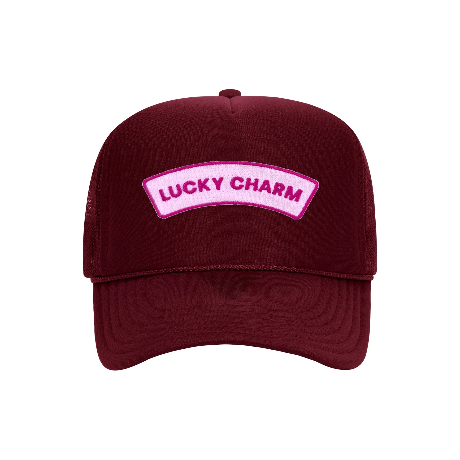 Lucky Charm trucker hat in burgundy high-profile foam, front view