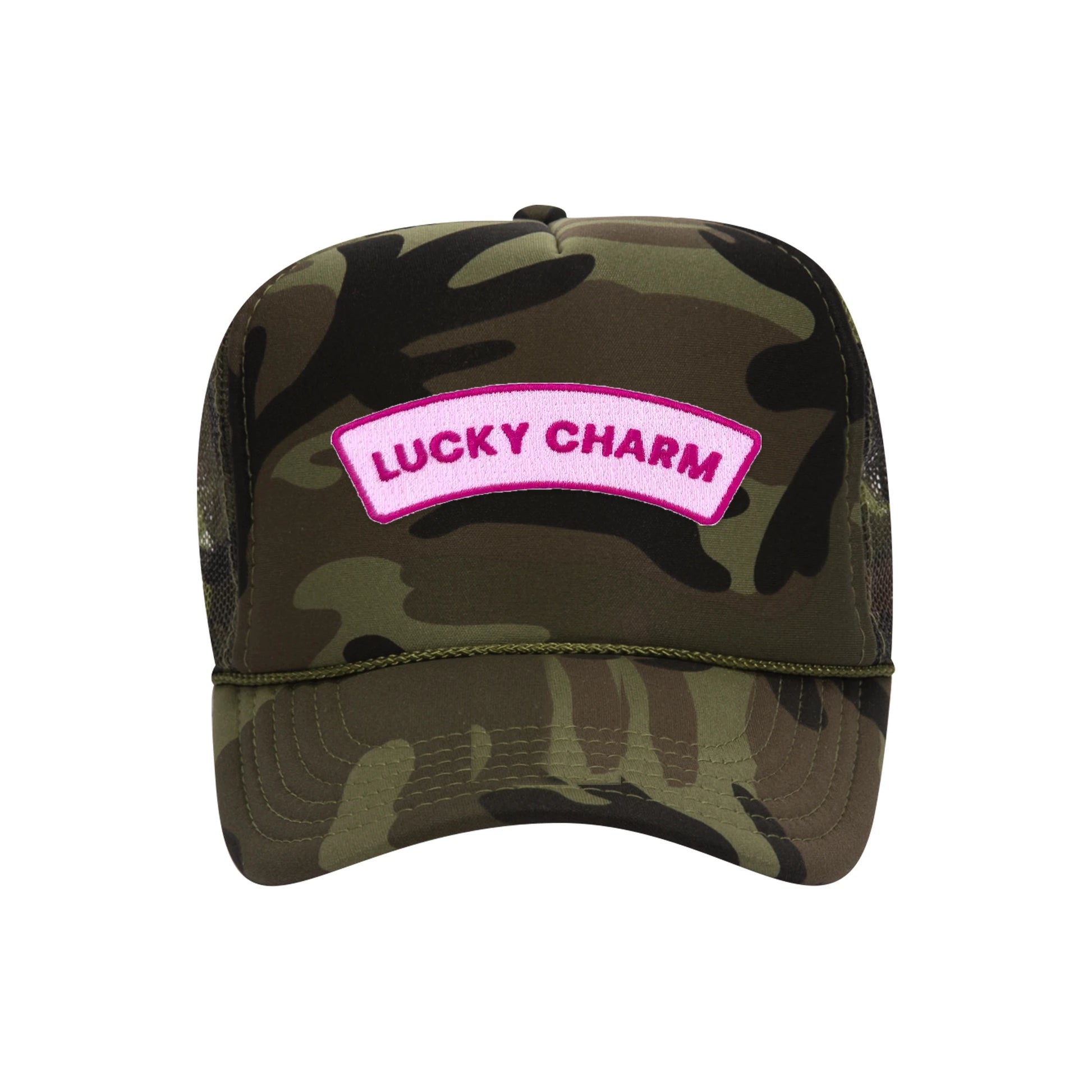 Lucky Charm trucker hat in camouflage high-profile foam, front view