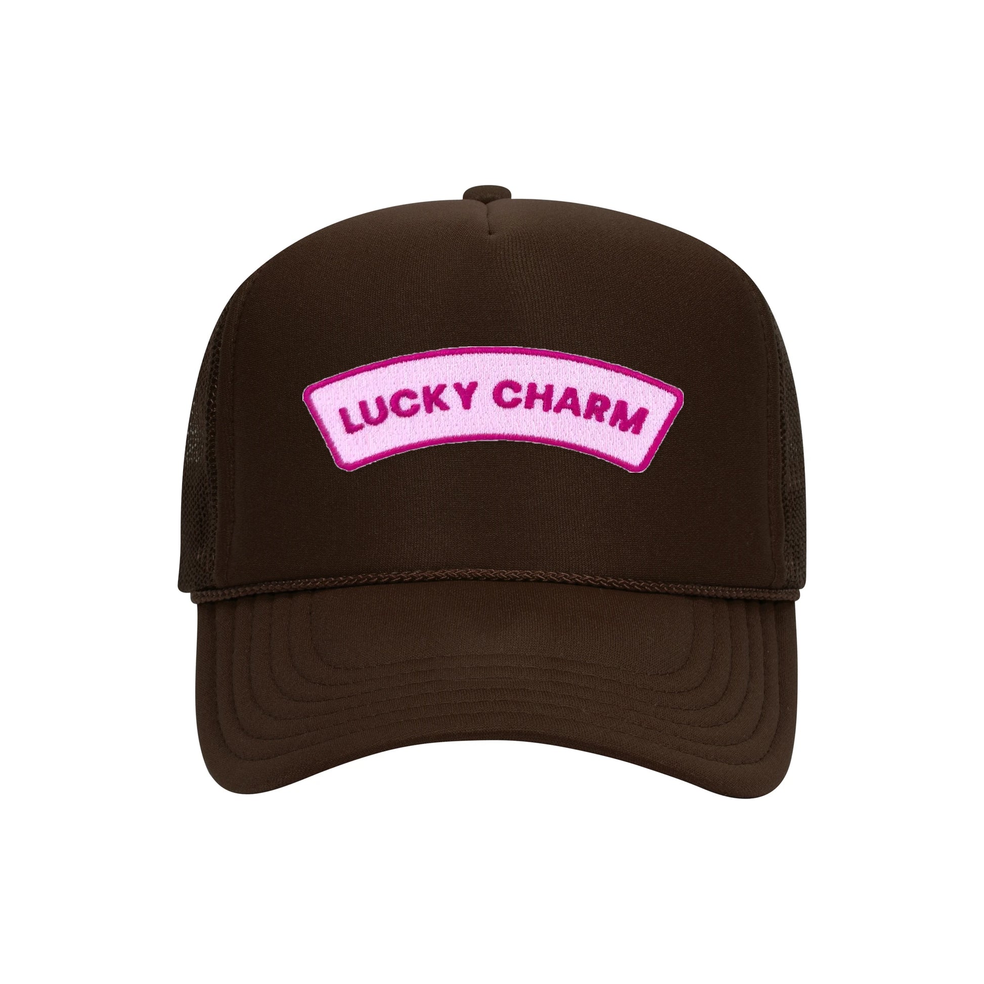 Lucky Charm trucker hat in espresso brown high-profile foam, front view