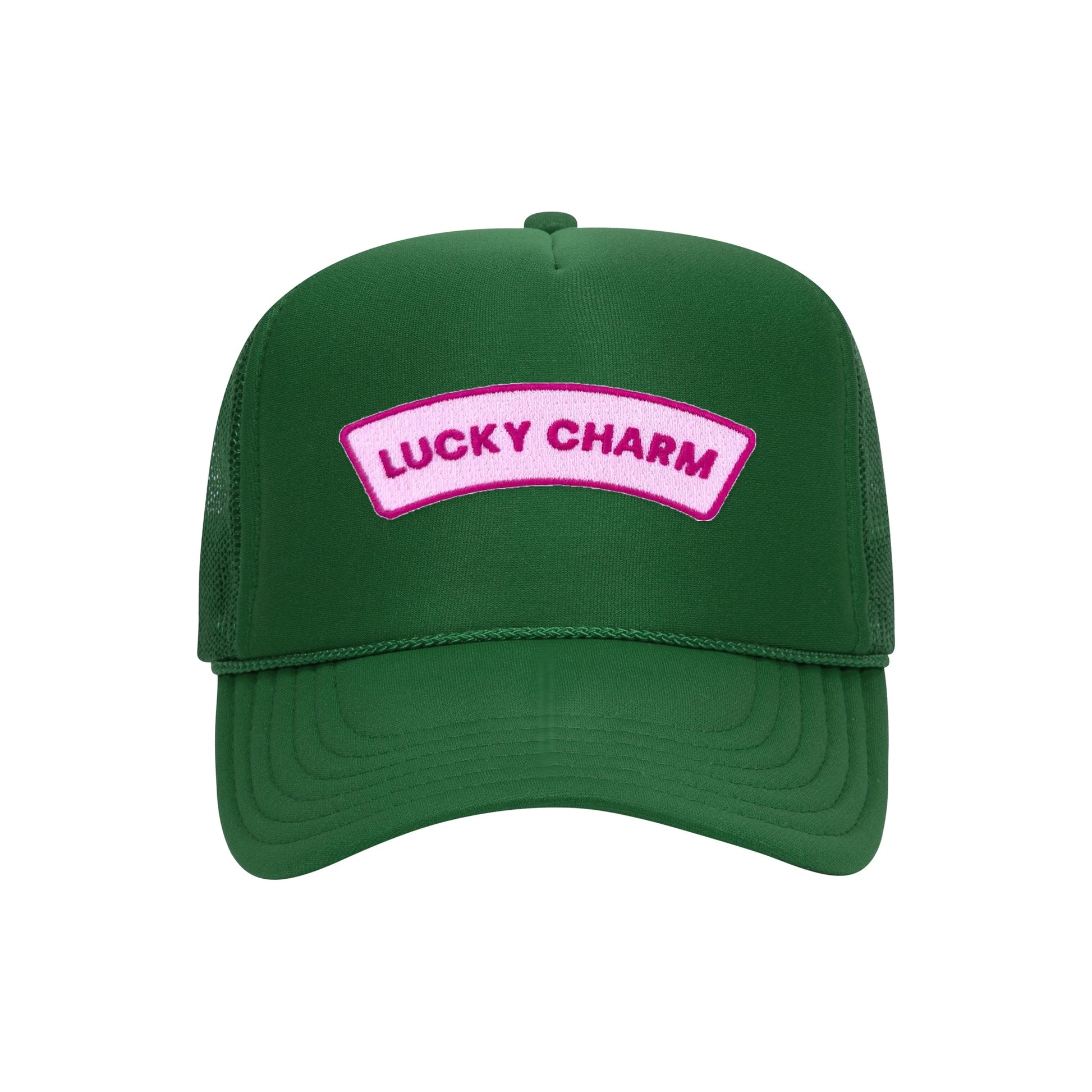 Lucky Charm trucker hat in kelly green high-profile foam, front view