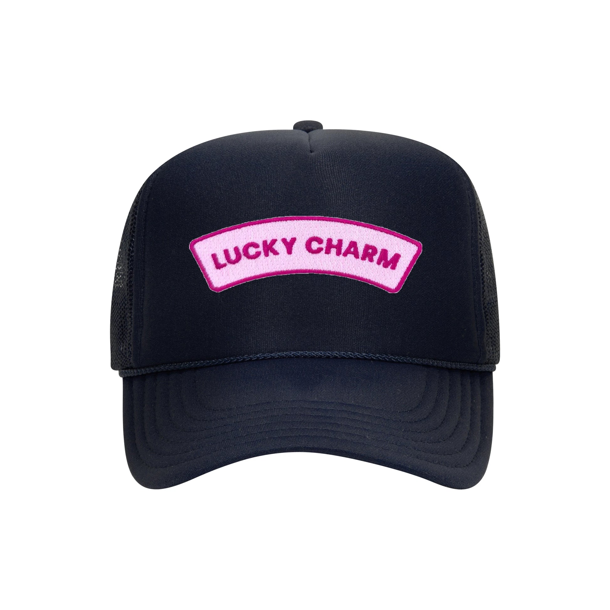 Lucky Charm trucker hat in navy high-profile foam, front view