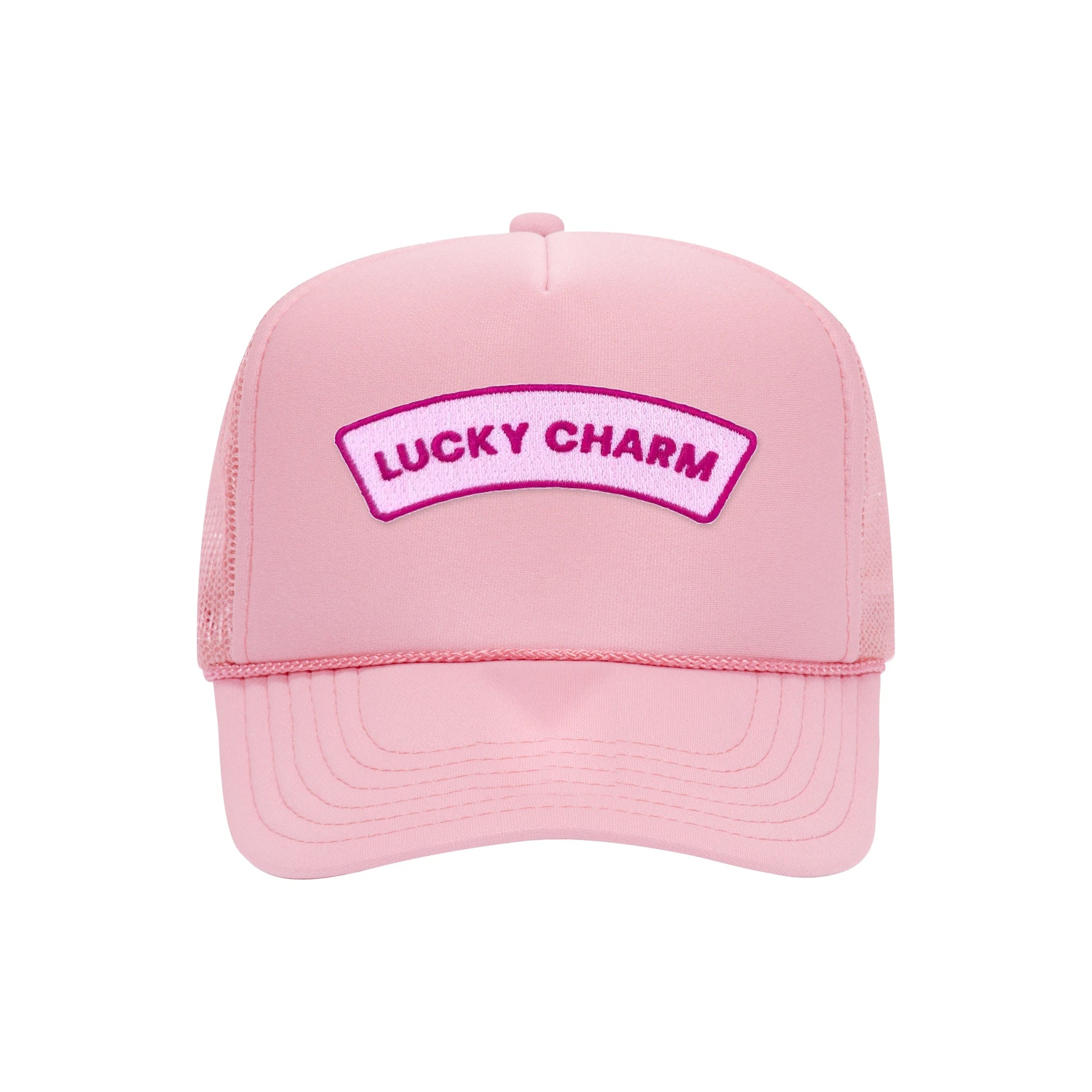 Lucky Charm trucker hat in soft pink high-profile foam, front view