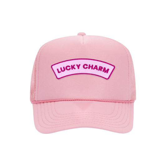 Lucky Charm trucker hat in soft pink high-profile foam, front view