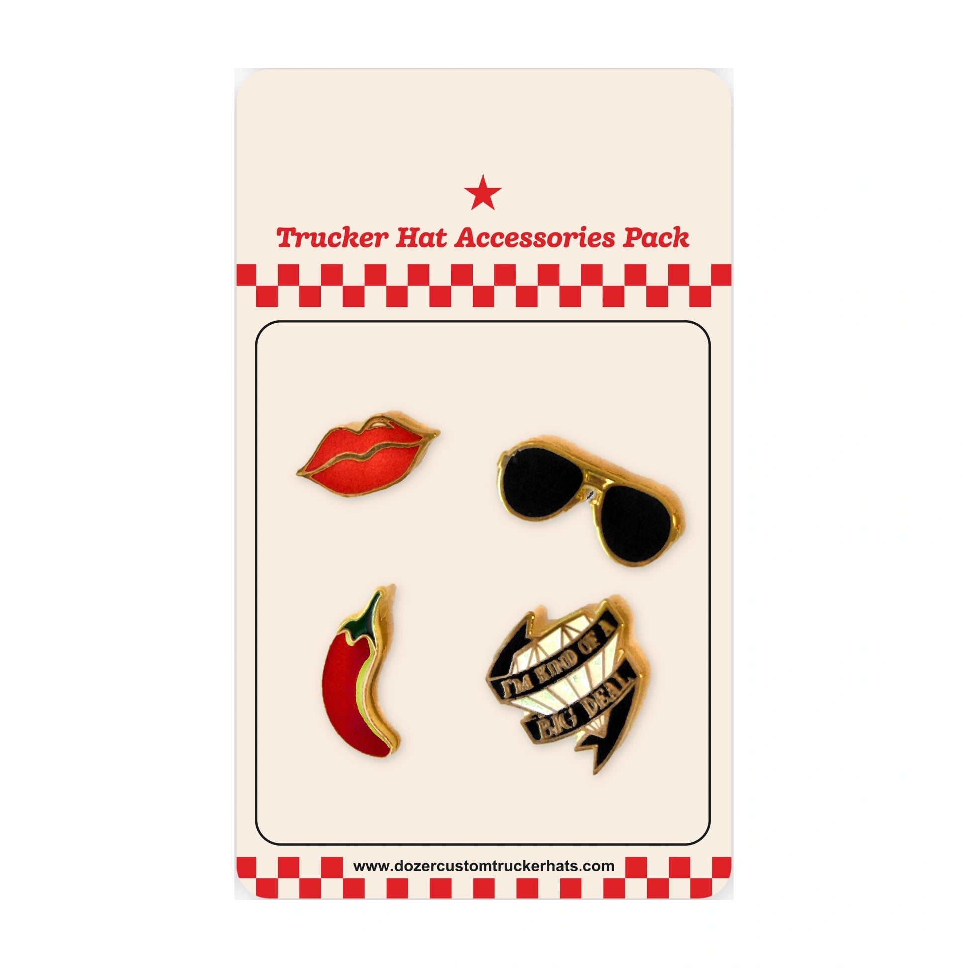 Main Character trucker hat accessories 4-pack: red lips, chili pepper, gold aviator sunglasses, and I'm Kind of a Big Deal enamel pins on a Dozer Custom Trucker Hats backing card