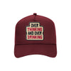 Overthinking And Overdrinking trucker hat in maroon, front view