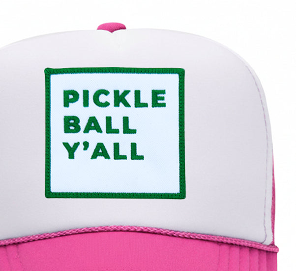 Pickleball Y'all Trucker Hat in White/Hot Pink close-up patch detail