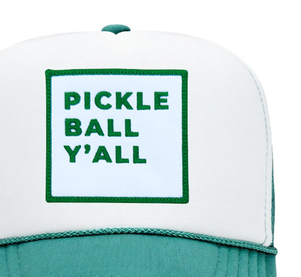 Pickleball Y'all Trucker Hat in White/Jade close-up patch detail