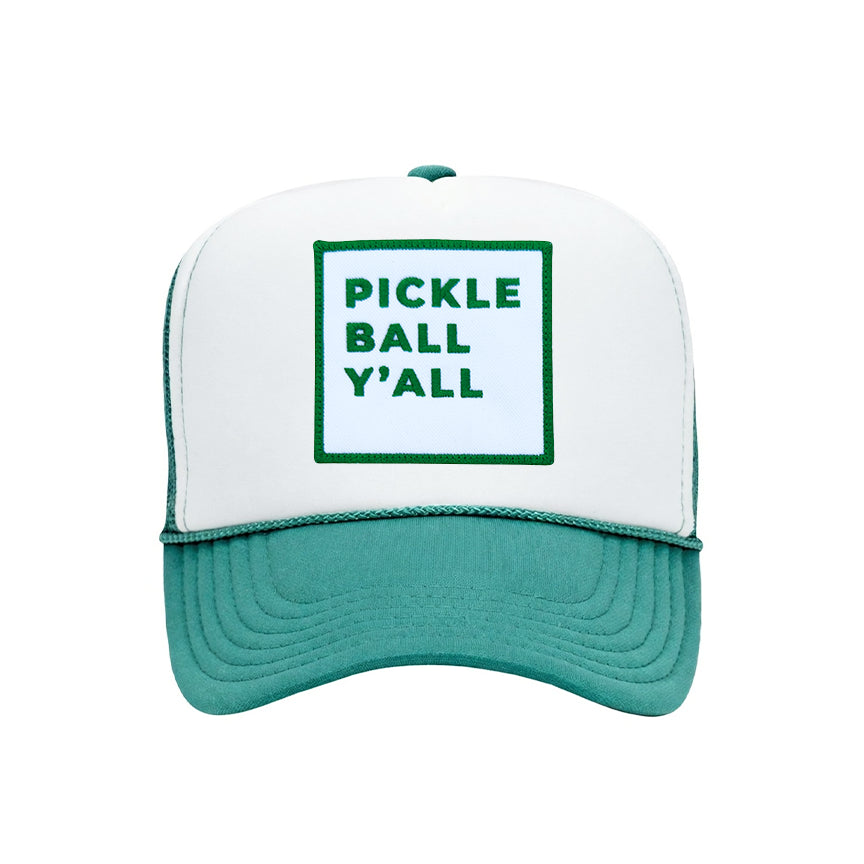Pickleball Y'all Trucker Hat in White/Jade front view