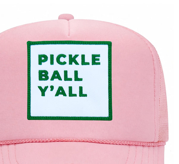 Pickleball Y'all Trucker Hat in Soft Pink close-up patch detail
