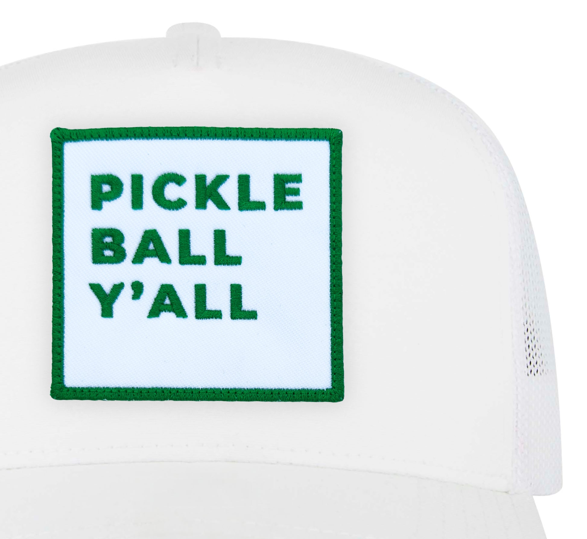 Pickleball Y'all Trucker Hat in White close-up patch detail