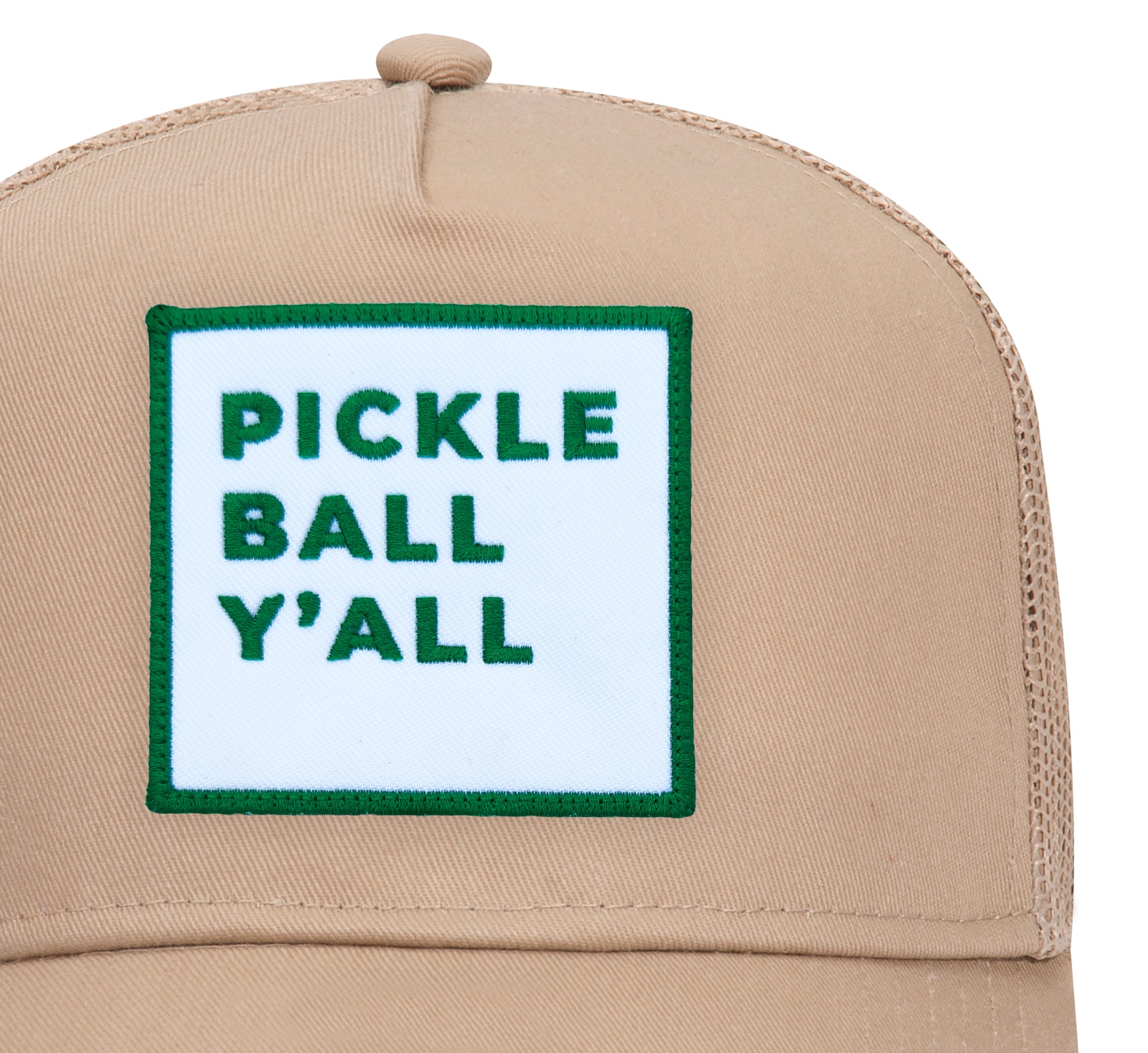 Pickleball Y'all Trucker Hat in Khaki close-up patch detail