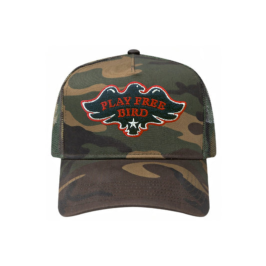 Play Free Bird trucker hat in camouflage, front view