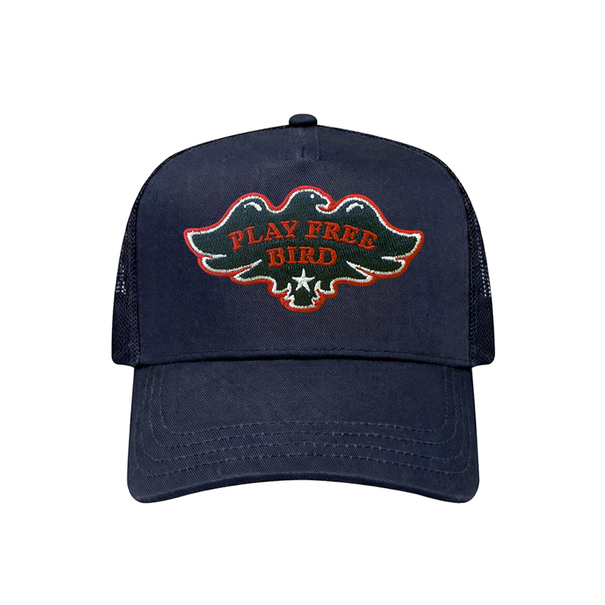 Play Free Bird trucker hat in navy, front view