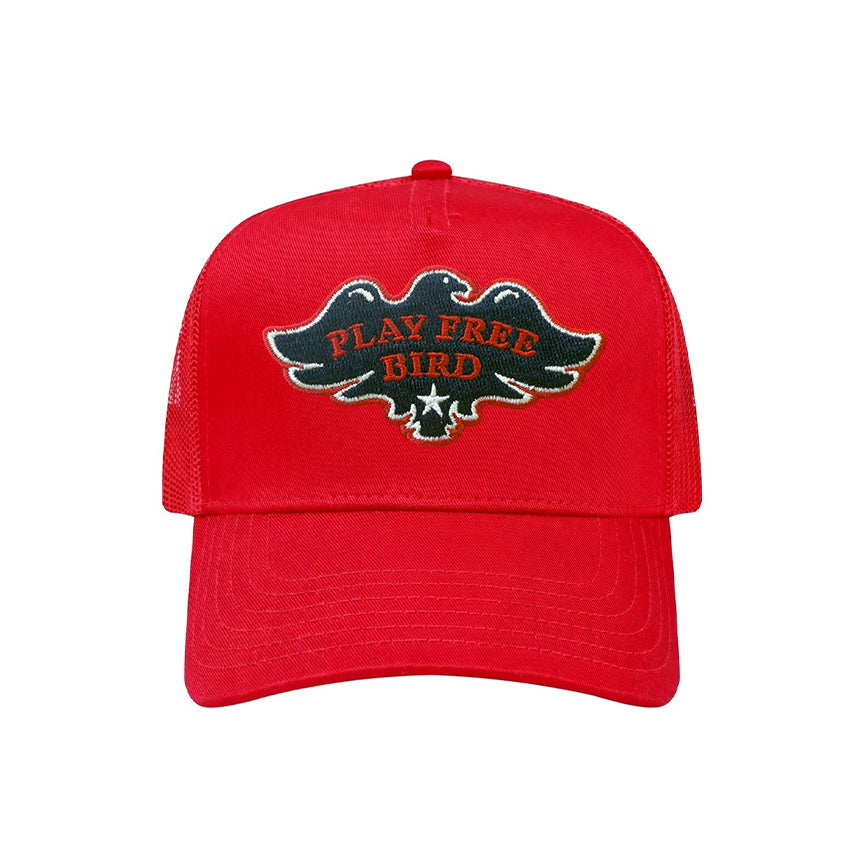 Play Free Bird trucker hat in red, front view