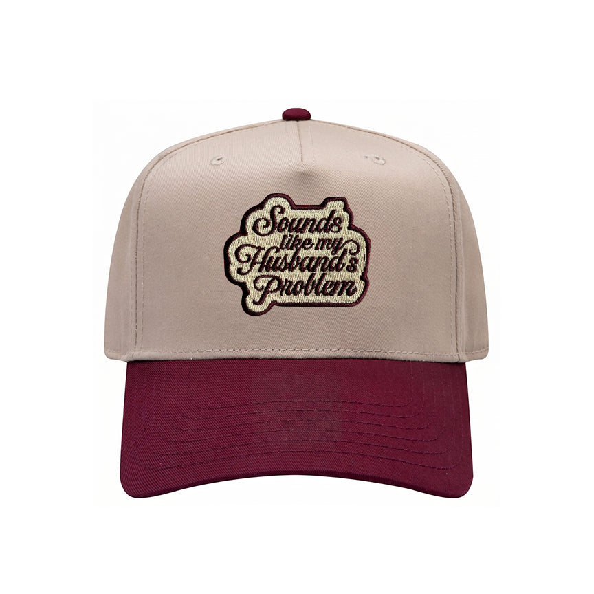 Sounds Like My Husband's Problem trucker hat in maroon with natural mesh, front view