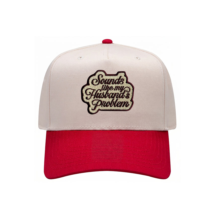 Sounds Like My Husband's Problem trucker hat in red with natural mesh, front view