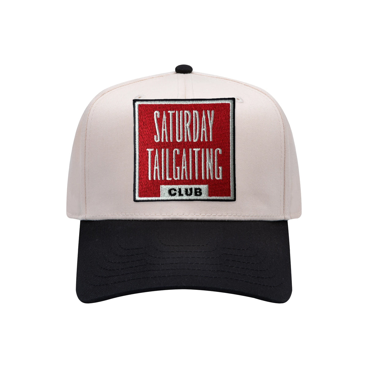 Saturday Tailgating Club embroidered patch on a natural and black mid-profile baseball hat