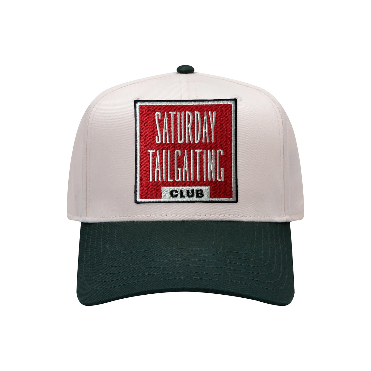 Saturday Tailgating Club embroidered patch on a natural and dark green mid-profile baseball hat