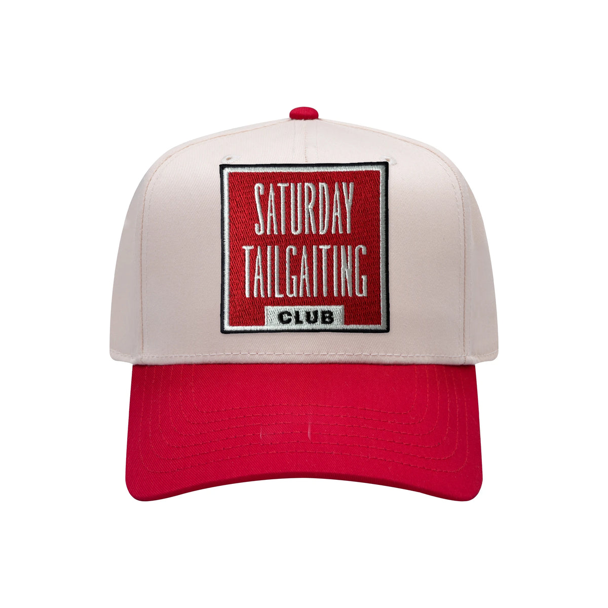 Saturday Tailgating Club embroidered patch on a natural and red mid-profile baseball hat