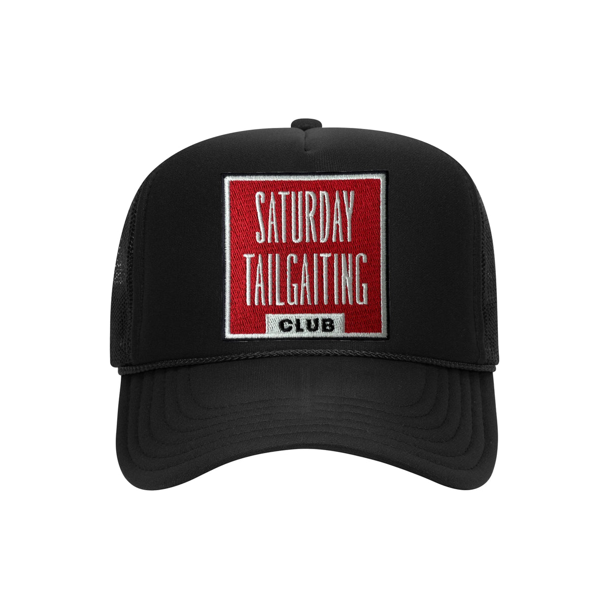 Saturday Tailgating Club embroidered patch on a black high-profile foam trucker hat