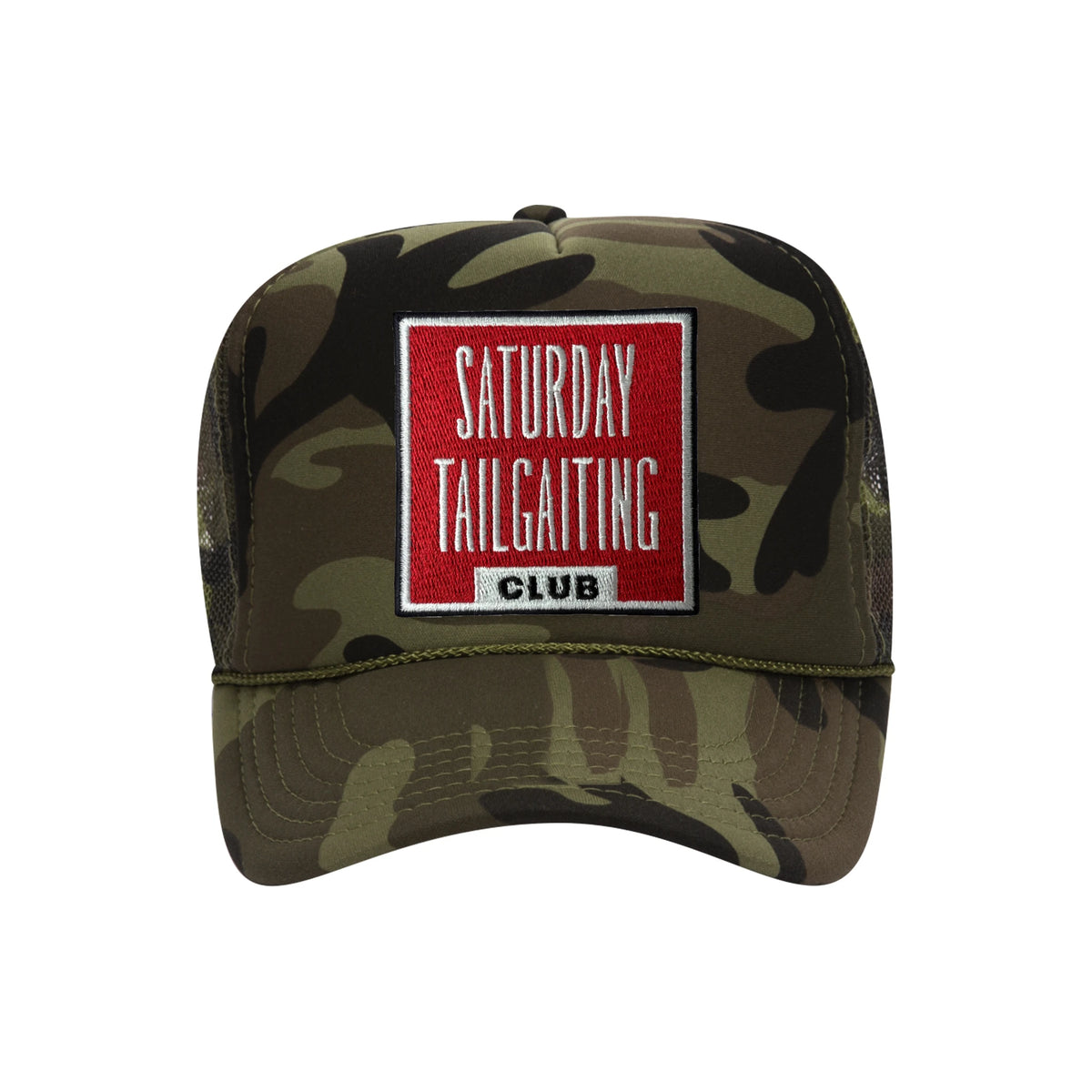Saturday Tailgating Club embroidered patch on a camouflage high-profile foam trucker hat