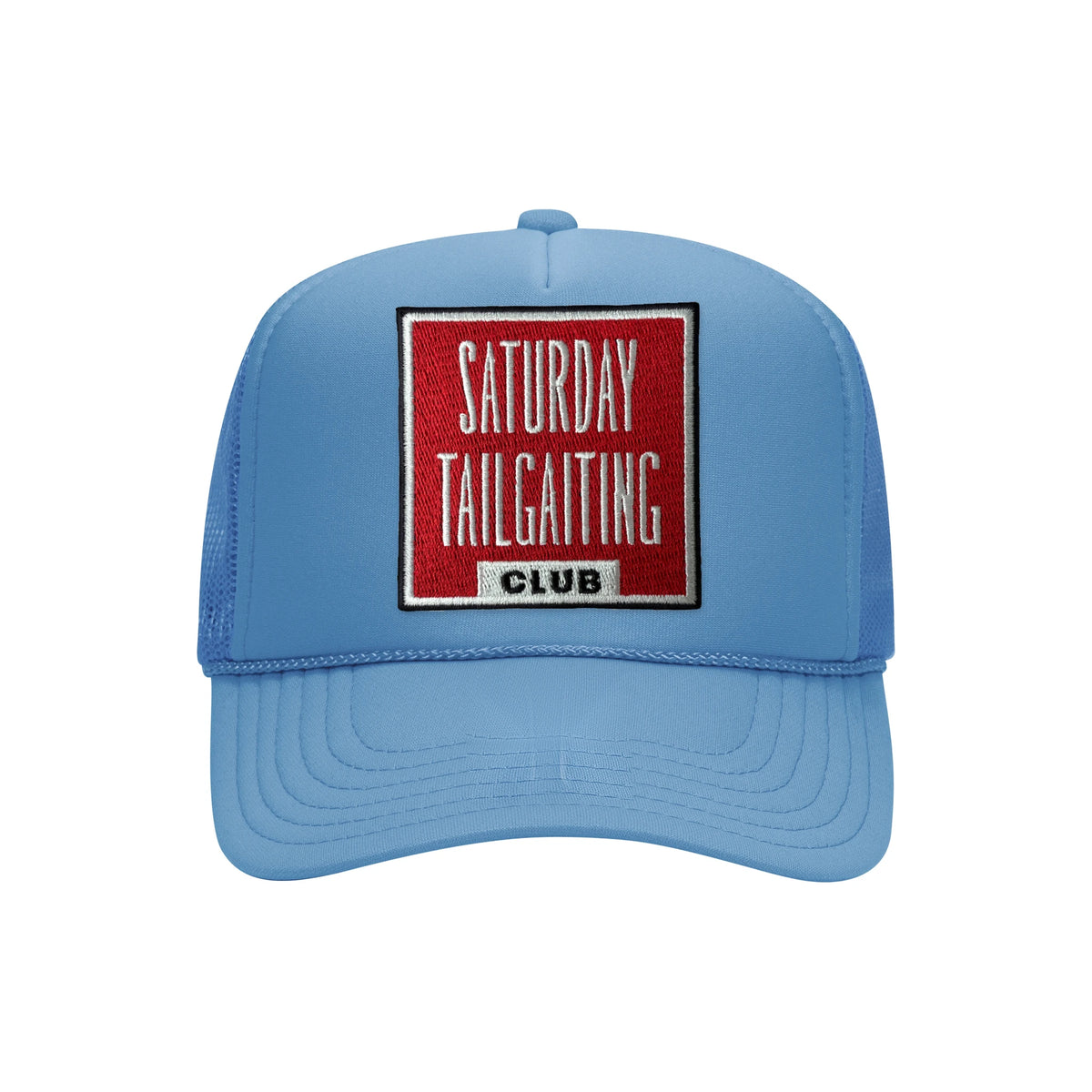 Saturday Tailgating Club embroidered patch on a cobalt blue high-profile foam trucker hat