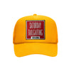 Saturday Tailgating Club embroidered patch on a gold high-profile foam trucker hat