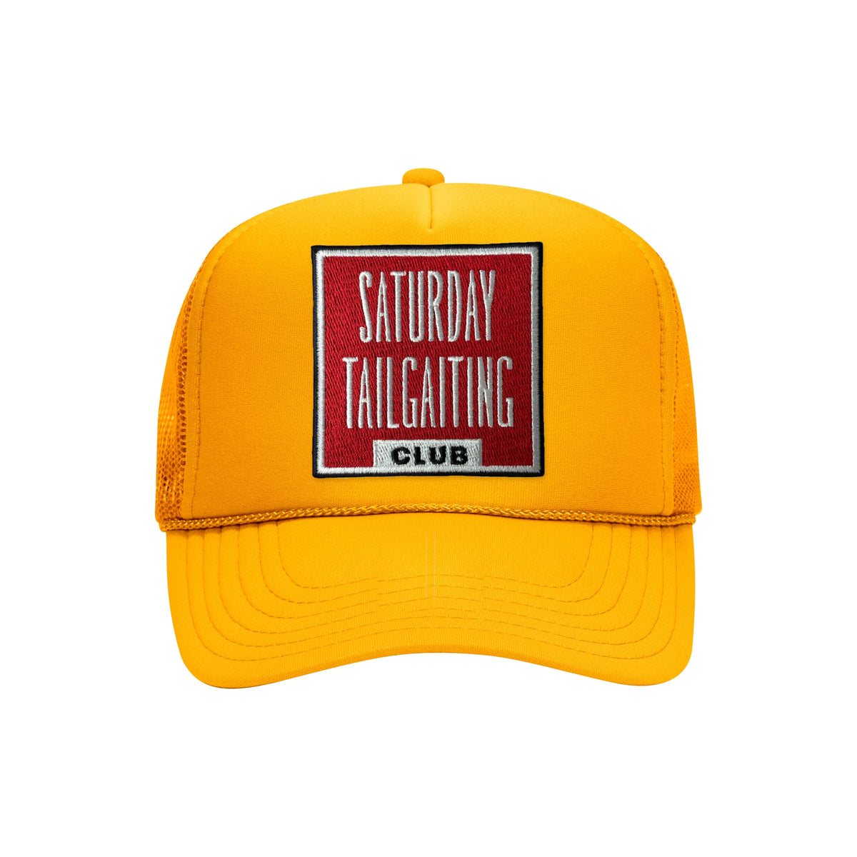 Saturday Tailgating Club embroidered patch on a gold high-profile foam trucker hat