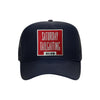 Saturday Tailgating Club embroidered patch on a navy high-profile foam trucker hat