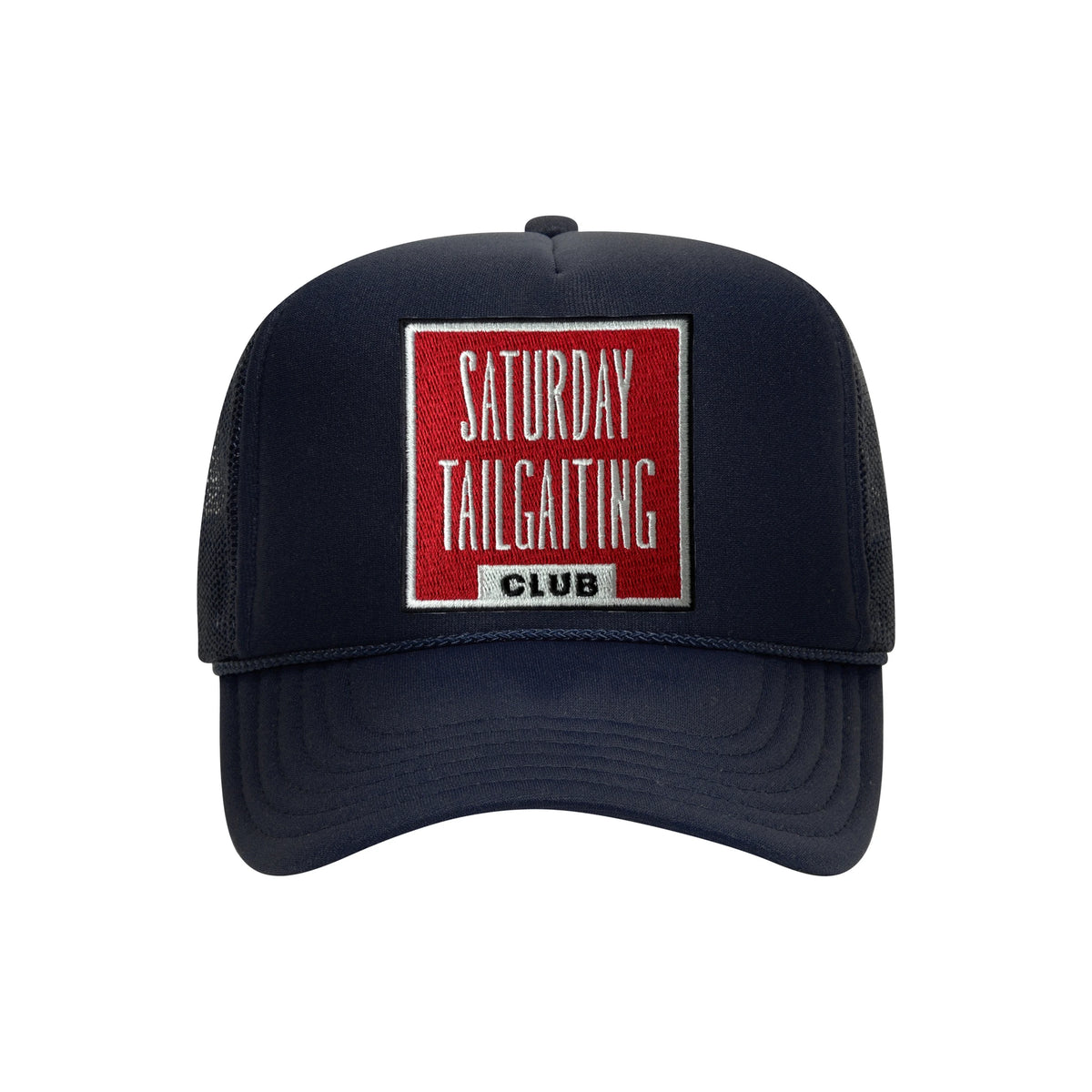 Saturday Tailgating Club embroidered patch on a navy high-profile foam trucker hat