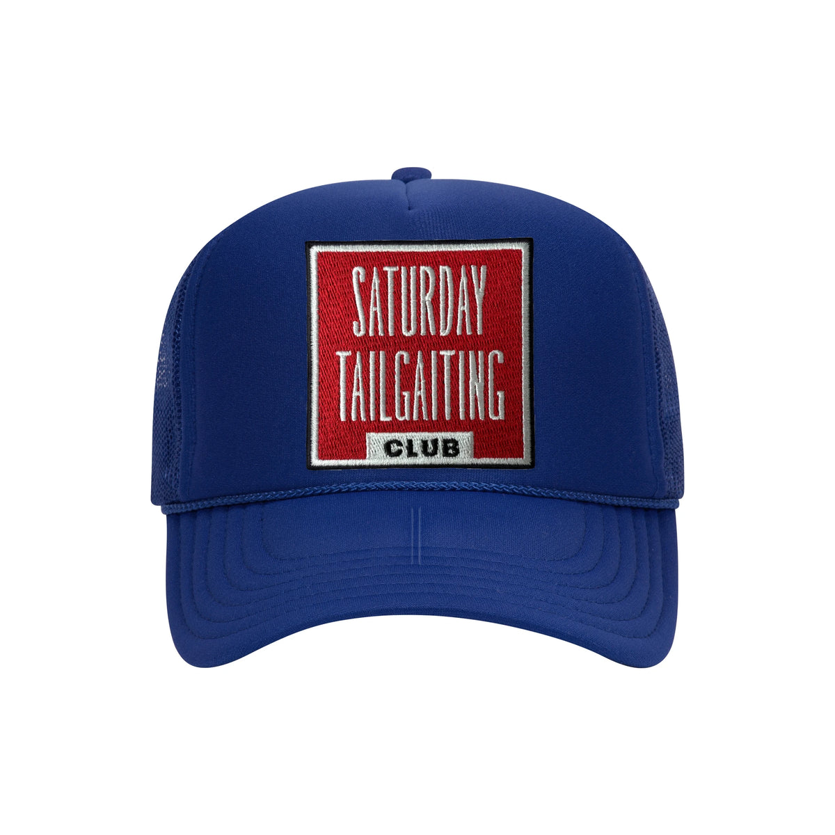 Saturday Tailgating Club embroidered patch on a royal blue high-profile foam trucker hat