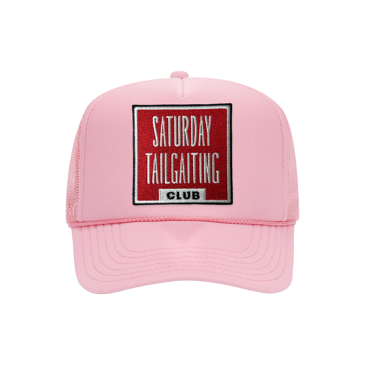 Saturday Tailgating Club embroidered patch on a soft pink high-profile foam trucker hat