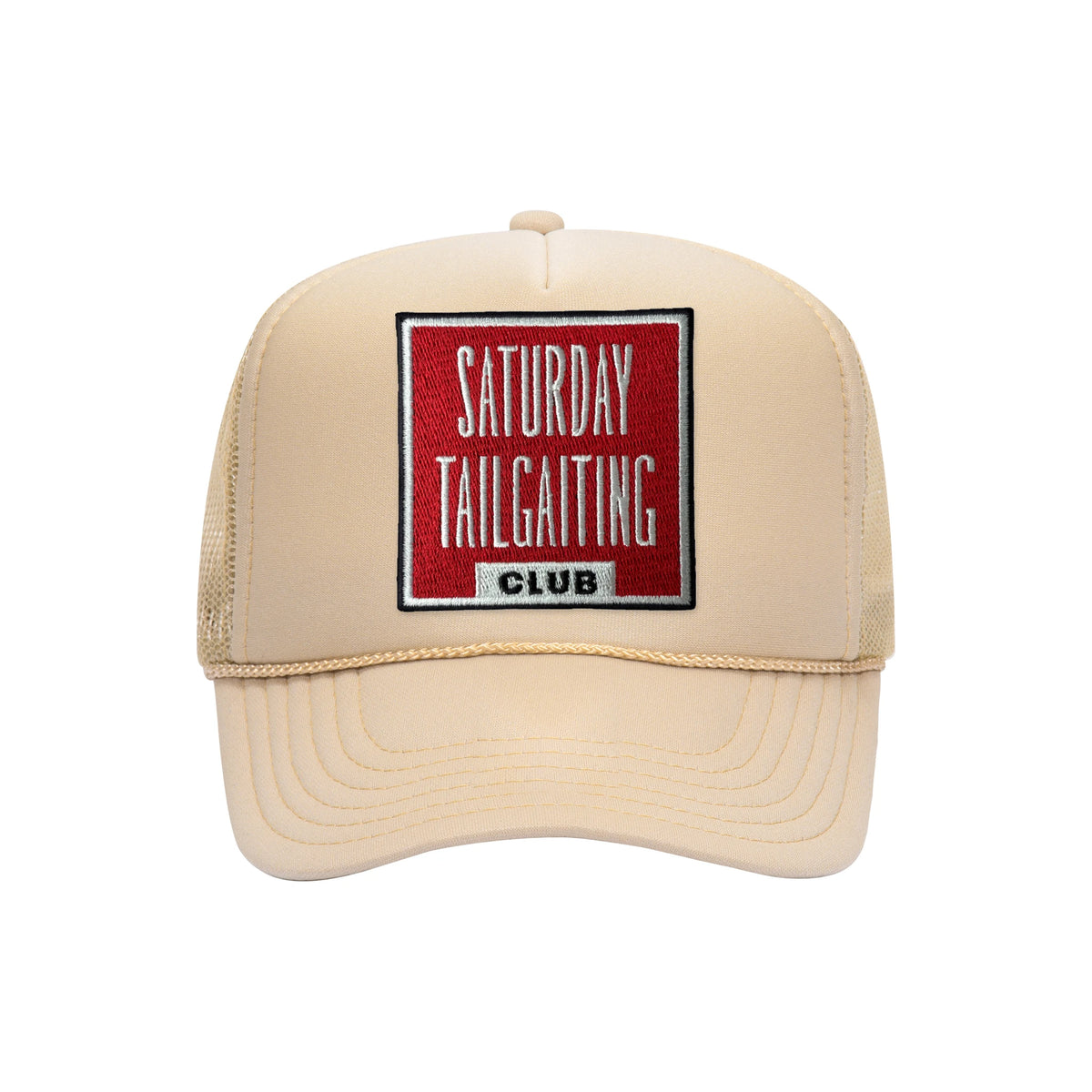 Saturday Tailgating Club embroidered patch on a tan high-profile foam trucker hat